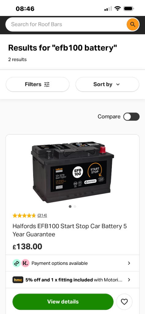 Halfords 12V EFB100 start stop Battery 