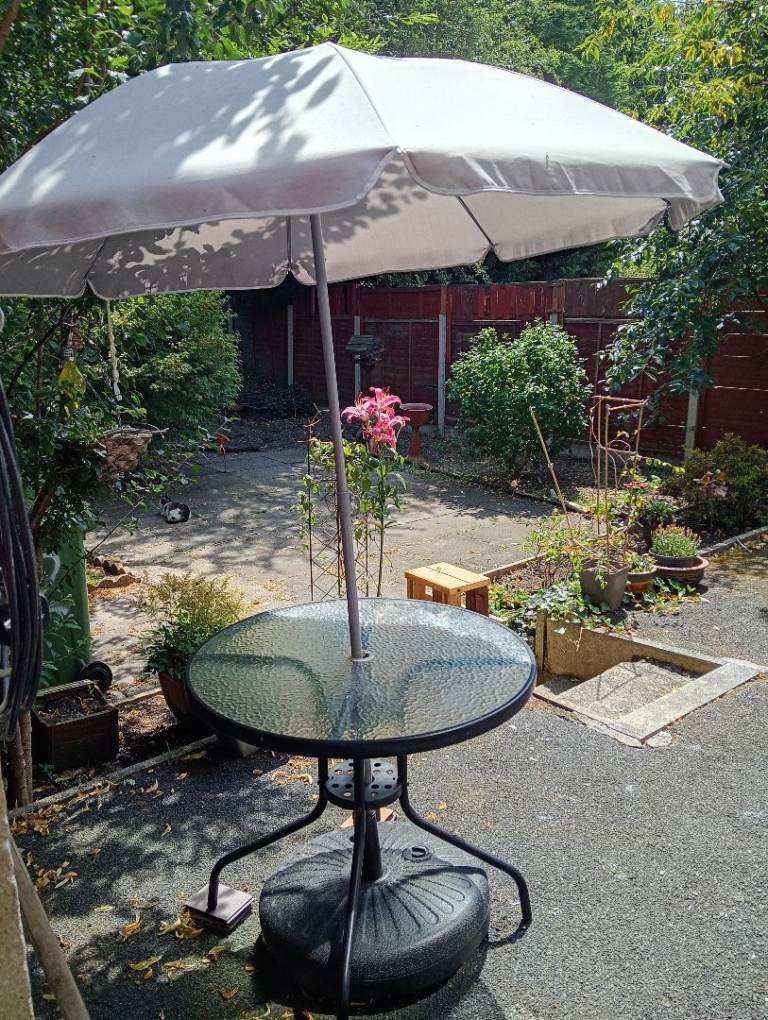 Garden Patio Table, Parasol, and Base – All Included