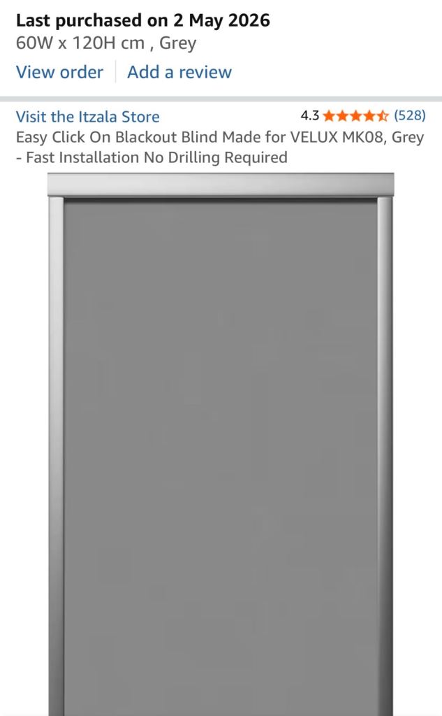 Easy Click Blackout Blind for Velux MK08 Roof Window (Grey, 60 × 120 cm)