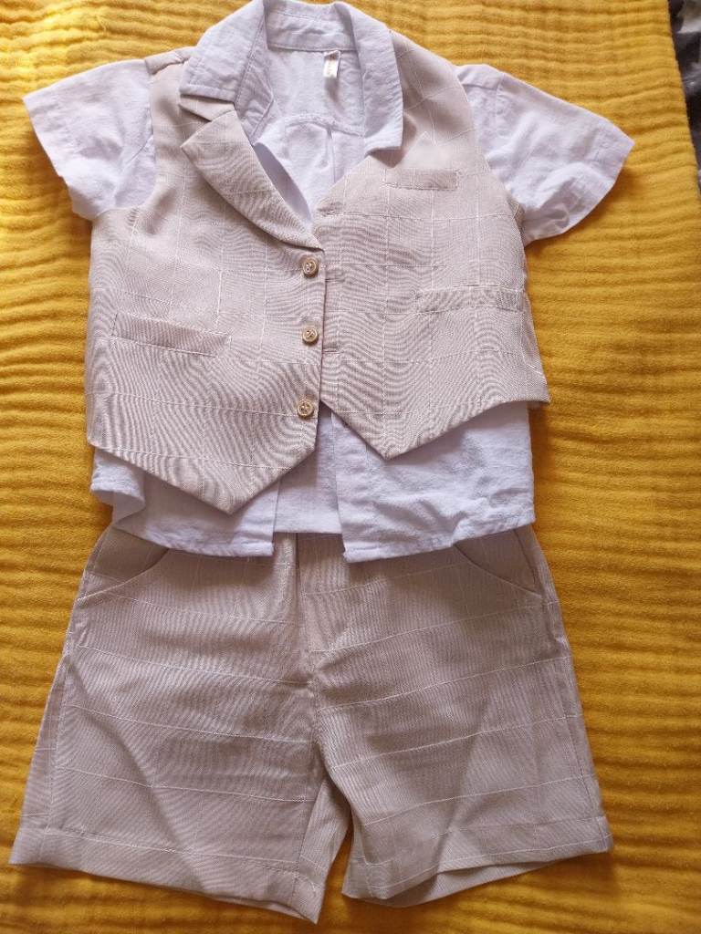 Zolanta Baby Boy's Suit Set – White Shirt, Beige Waistcoat & Shorts
