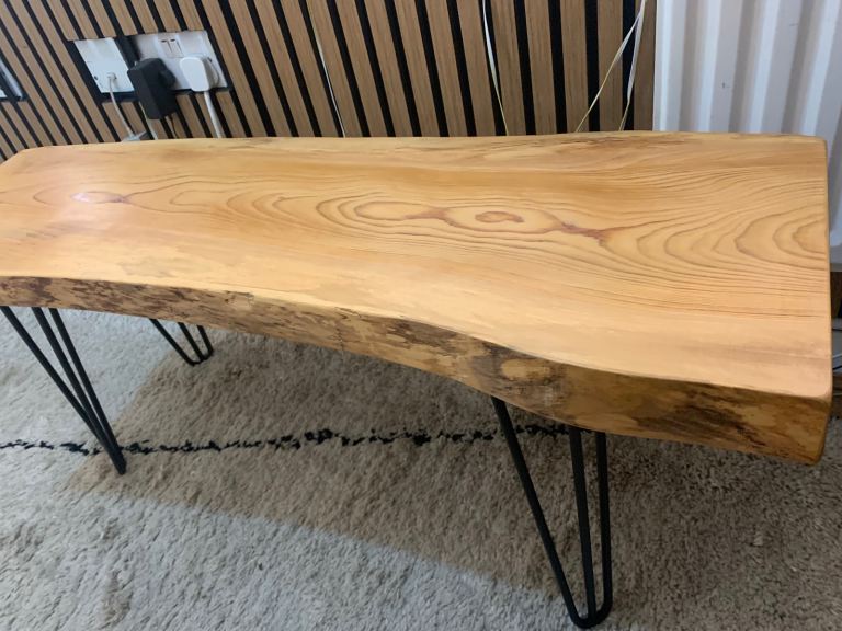 Beautiful handmade rustic sleek thick live edge cedar wood slab coffee table