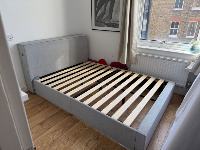 Grey Fabric Bed Frame with USB Ports – Good Condition