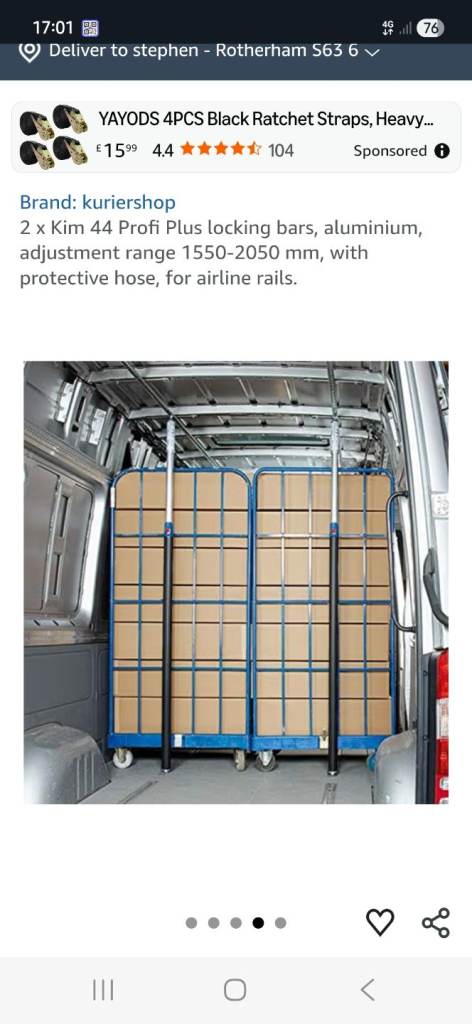 Van adjustable telescopic storage bars x4 with fixing plates x7