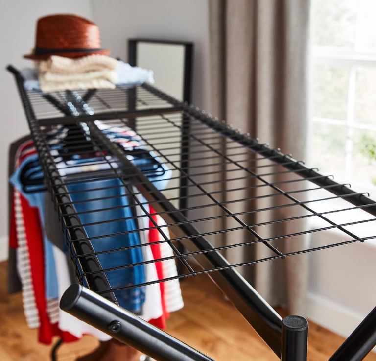 Black Metal Clothes Rail with Shelves and Wheels – Good Condition
