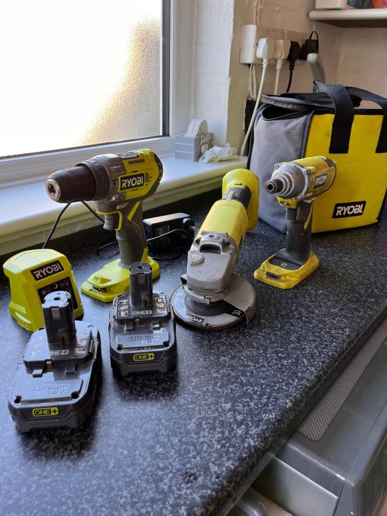 Ryobi Power Tool Bundle - Drill, Grinder, Impact Driver, Batteries & Charger