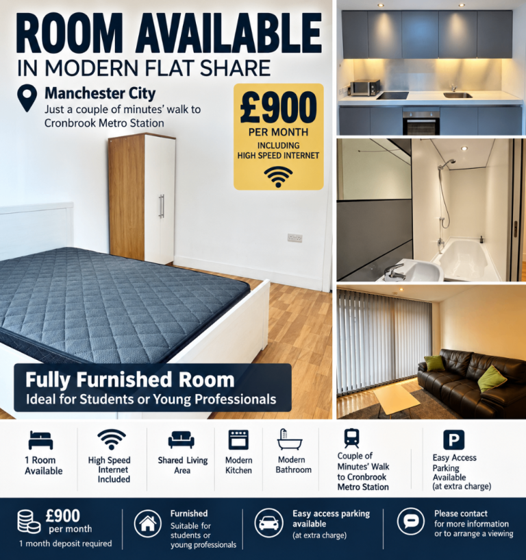 Furnished Room to Rent – Manchester City | £900 pcm