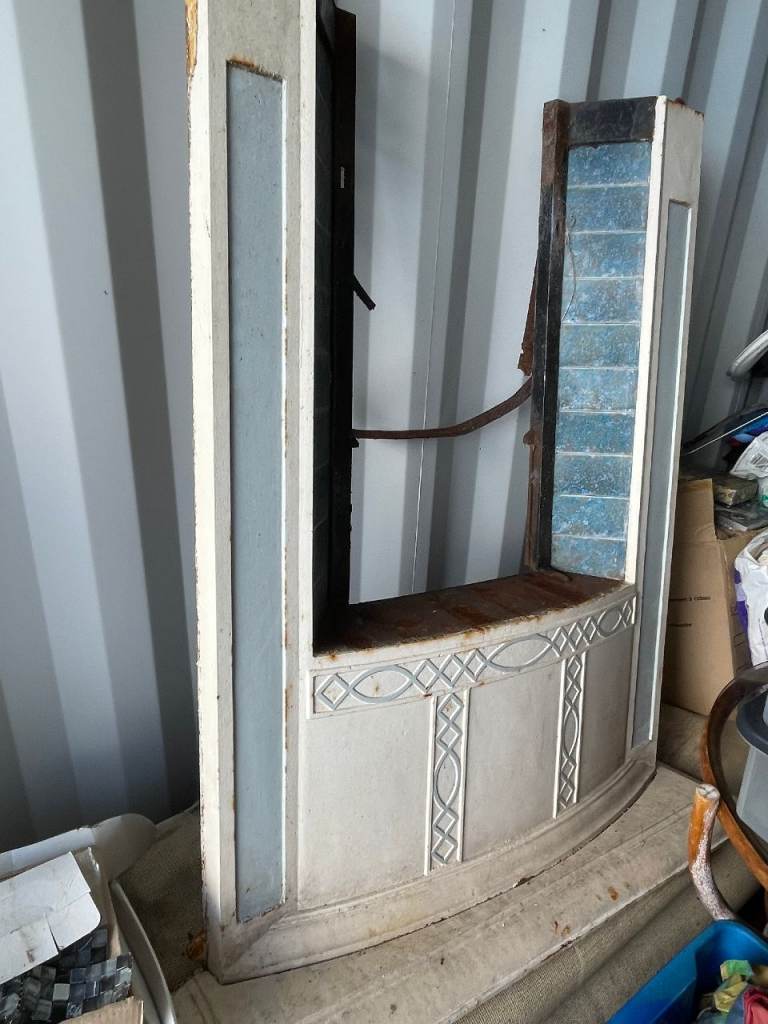Vintage Cast Iron Fireplace with Blue Tiles and Mantelpiece