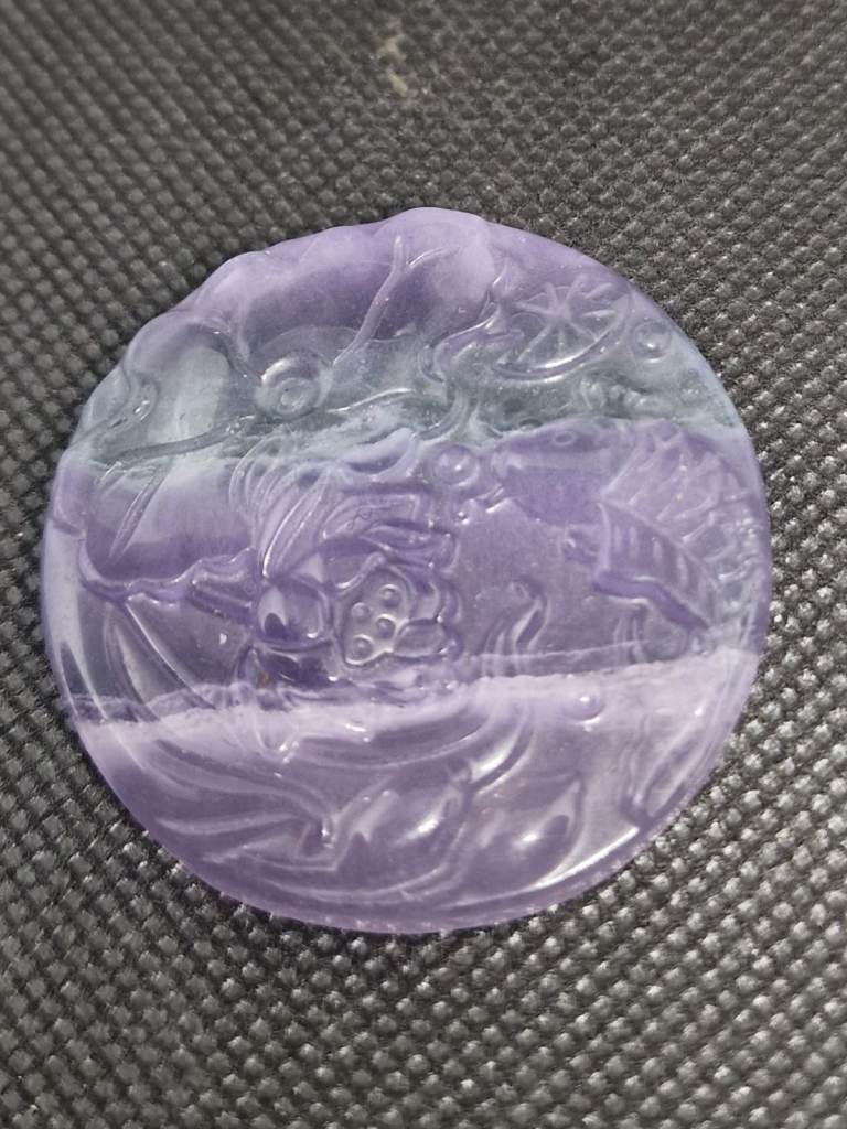 Lavender Fluorite Carved Fish Round Flat Gemstone Crystal - 4.5cm Approx