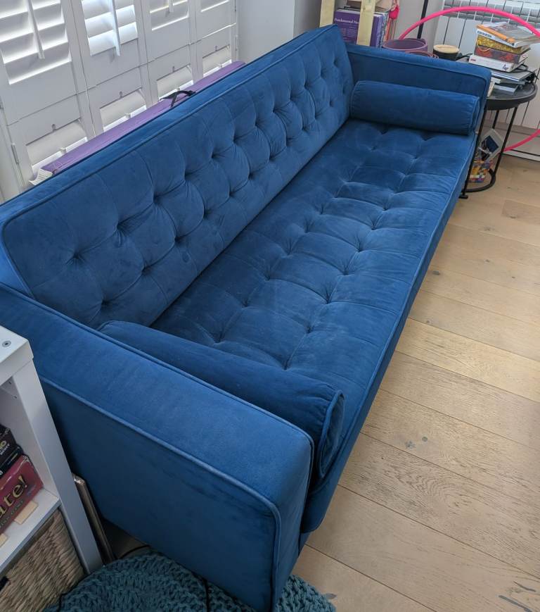 Blue Velvet Sofa - Button Back, Good Condition