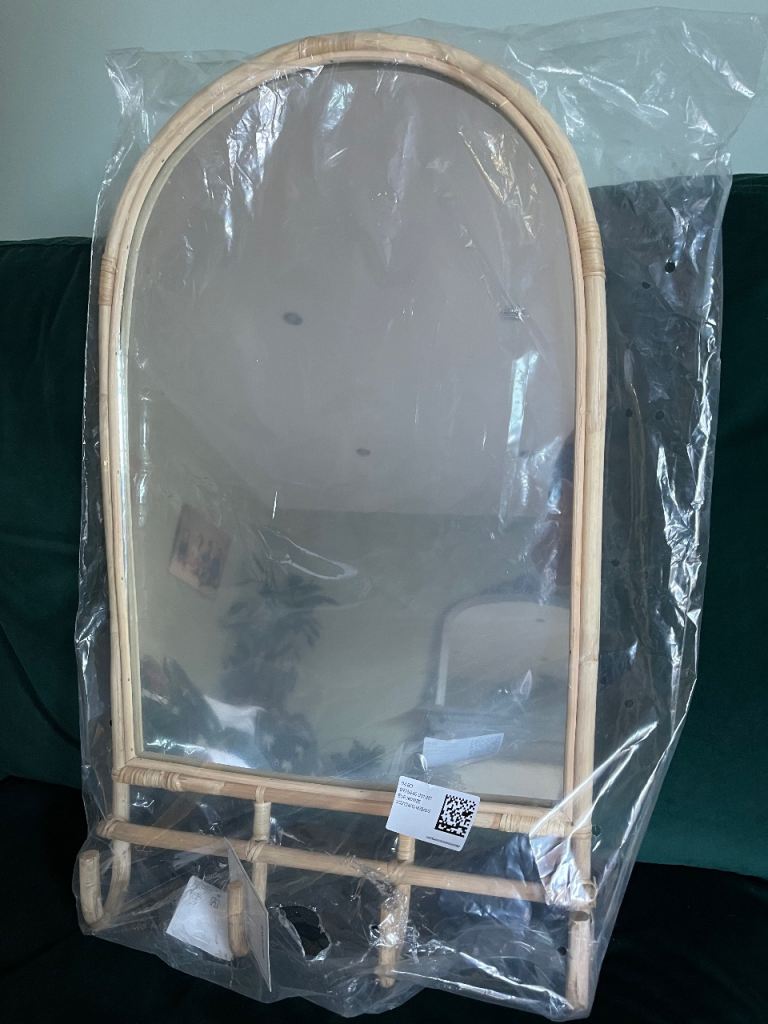New Arch Rattan Mirror with Shelf – Beige Wood