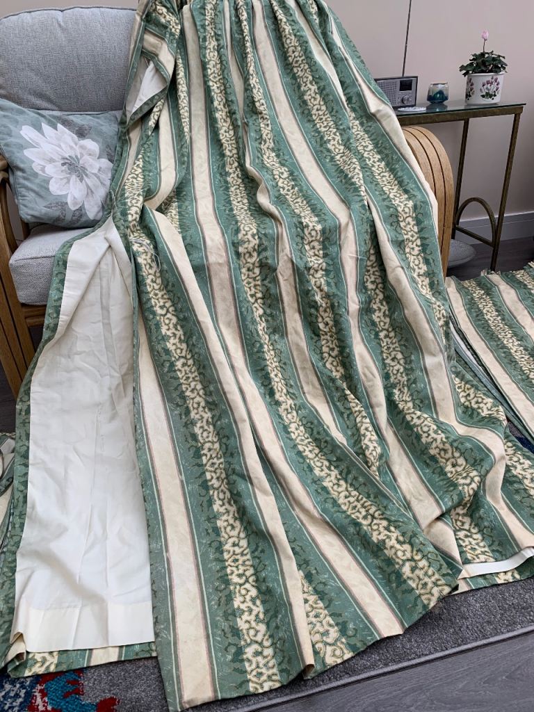 Hand made striped lined v long curtains with tiebacks