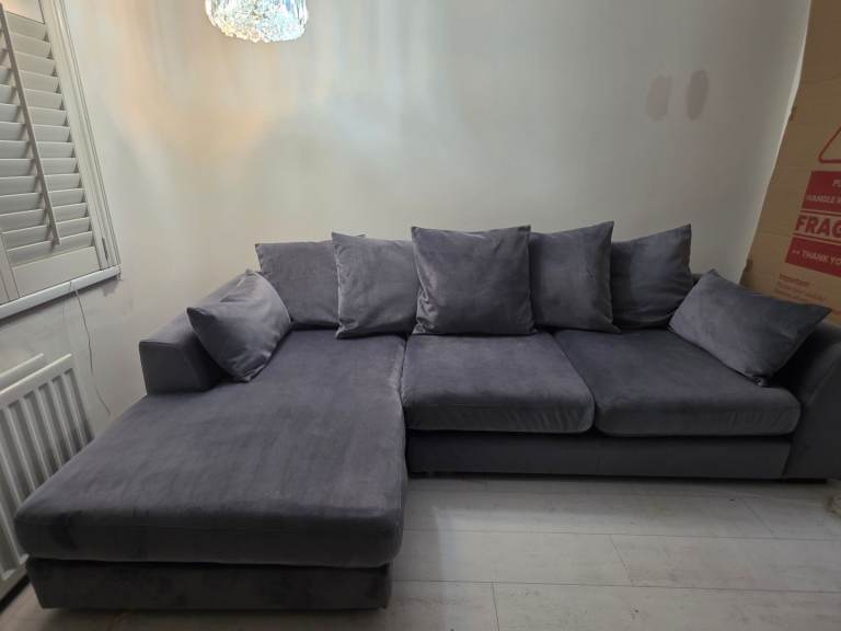 "Dfs Plush" Velvet Pillow back L shaped sofa in Steel (dark grey)