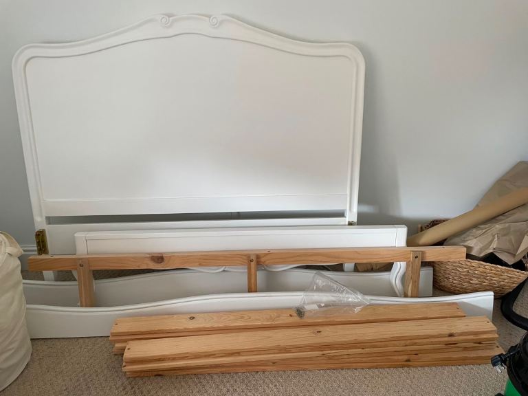 White Wooden Bed Frame with Slats – Good Condition