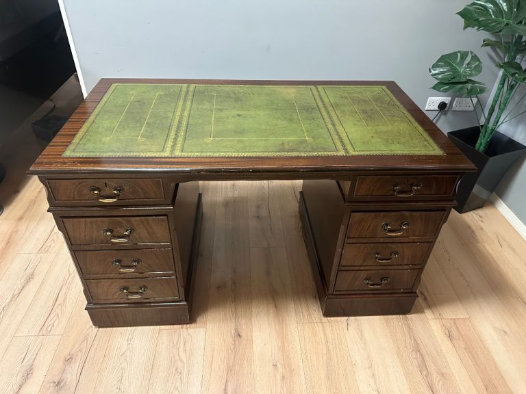 image for Large Antique Style Captains Bankers Desk Green Leather Twin Pedestal Partners #32