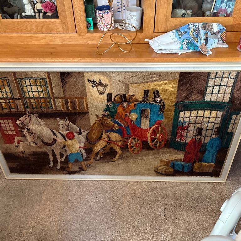Vintage large framed woollen tapestry/carpet handmade in frame
