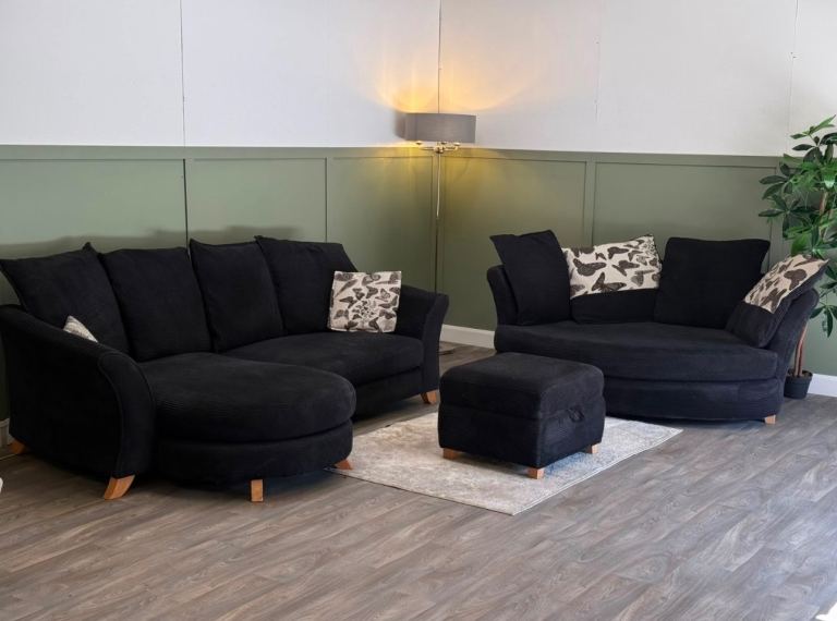 DFS Black Fabric Sofa Set with Chaise and Footstool – Good Condition