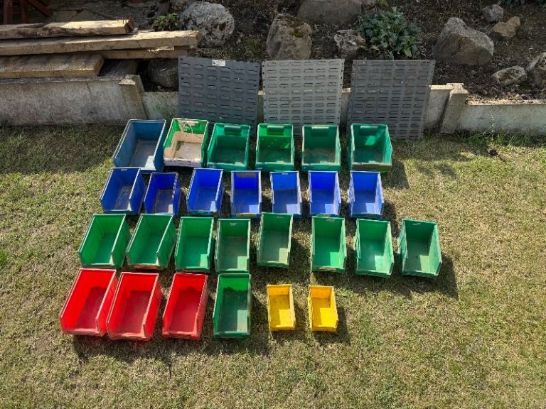 Plastic Storage Bins & Wall Panels - Multicoloured, Good Condition