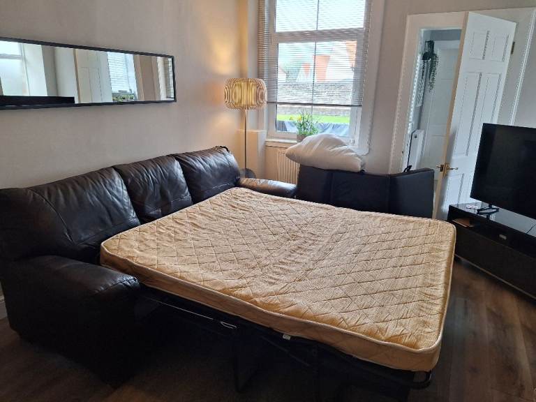 Good Condition Brown Leather 3-Seater Sofa Bed