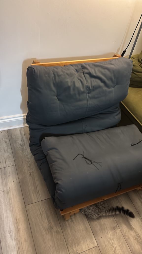 Futon Sofa Bed in Grey with Wooden Frame – Good Condition