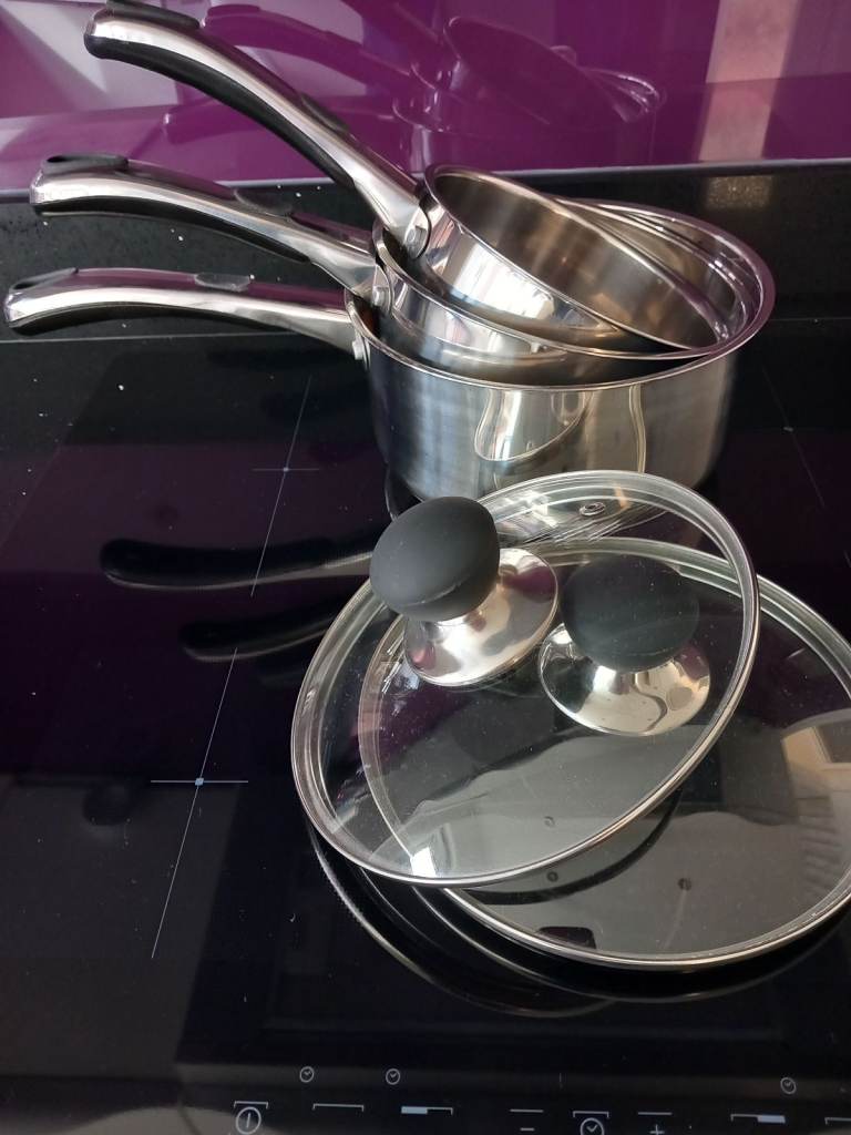 Set of 3 stainless steel Saucepans, any hob type, milk pan and 2 lidded pans reduced price