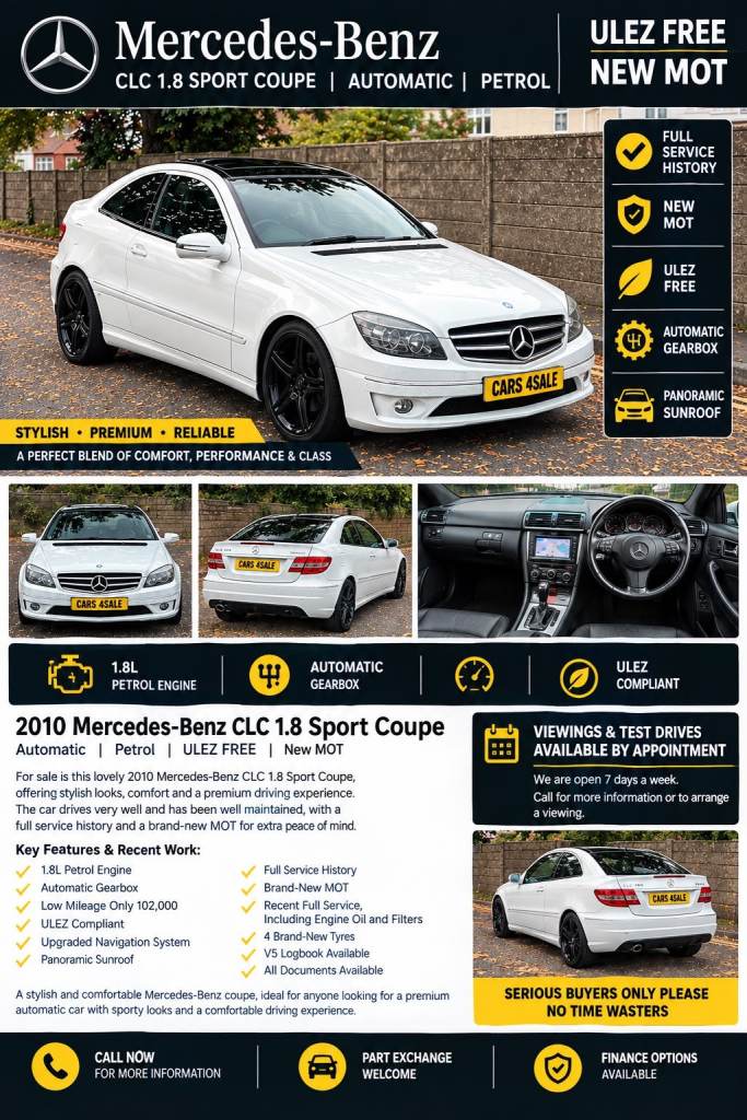 (AUTOMATIC CAR) 2010 Mercedes-Benz CLC 1.8 (PETROL) Sport Coupe | ULEZ Free | New MOT.