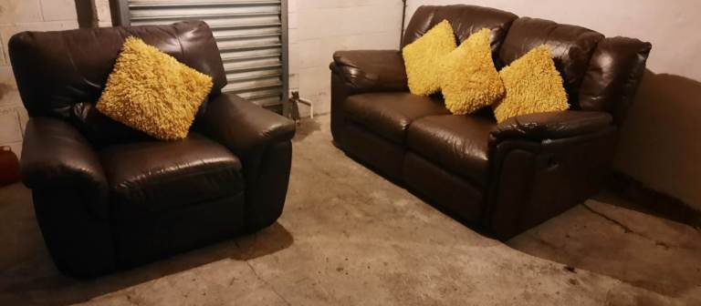 Brown real leather 2 seater reclining sofa and reclining chair very comfortable