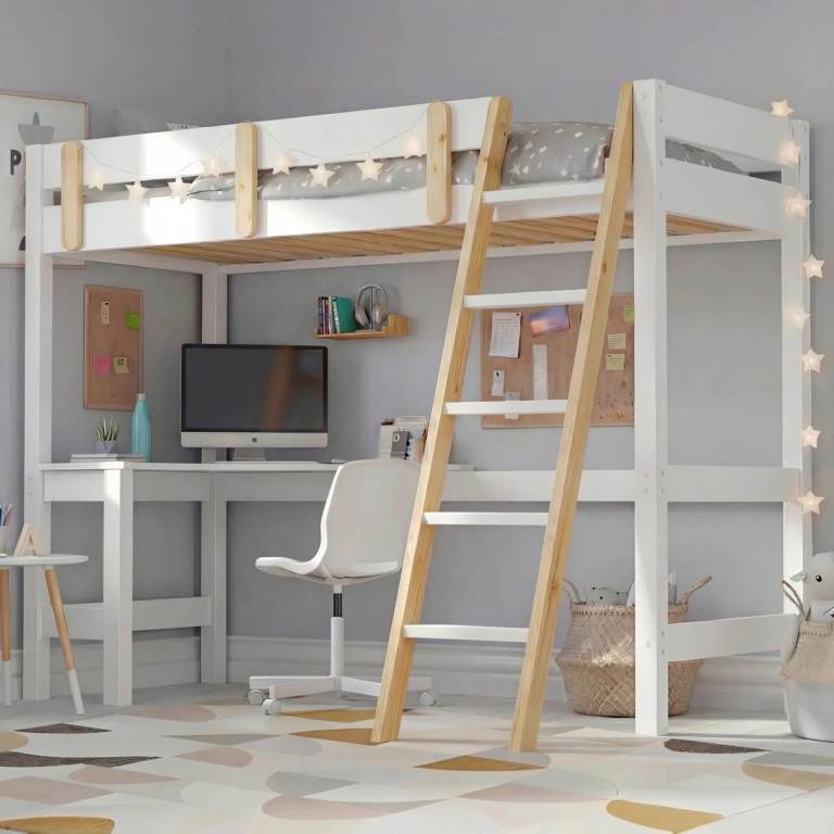 High Sleeper Bunk Bed with L-Shaped Desk, Solid Pine, Five Colour Combinations