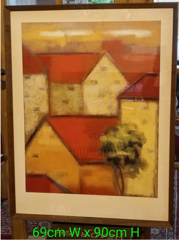 Rooftops Houses Framed Abstract Painting Read Wood Dark Wooden Frame Good Condition Collection Only