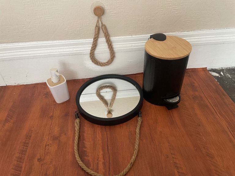 Complete Bathroom Set – Round Mirror, Pedal Bin, Soap Dispenser & Rope Hanger