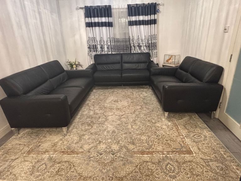 Black leather sofas – 3+3+2 seater set (split available)