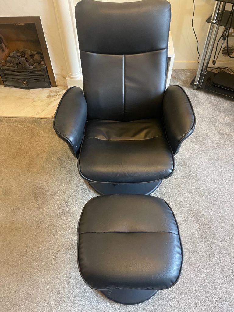 Black Faux Leather Reclining/Swivel Armchair with matching Footstool 