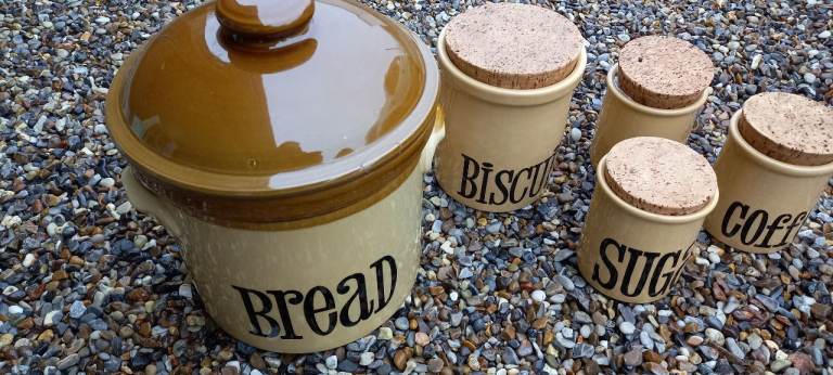 Retro Brown crockery Bread, Biscuit and Tea, Coffee and Sugar containers