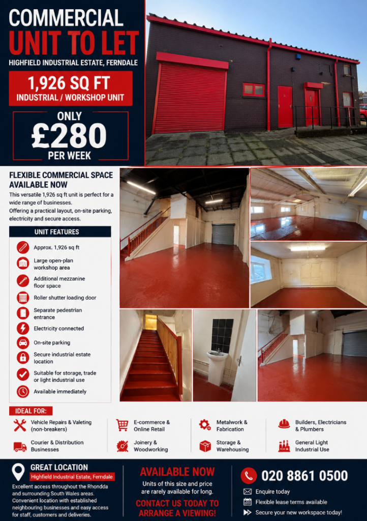 Modern commercial unit to let in Highfield Industrial Estate, Ferndale. Upto 8 weeks rent free!
