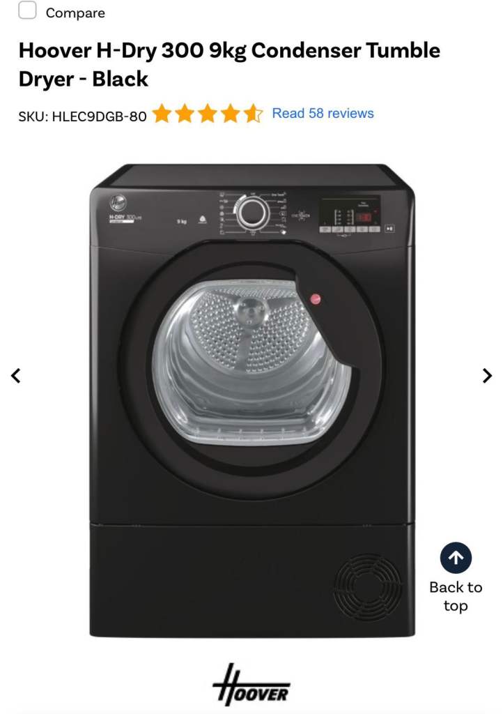 Hoover H-Dry 300 Condenser Tumble Dryer - 9kg Black