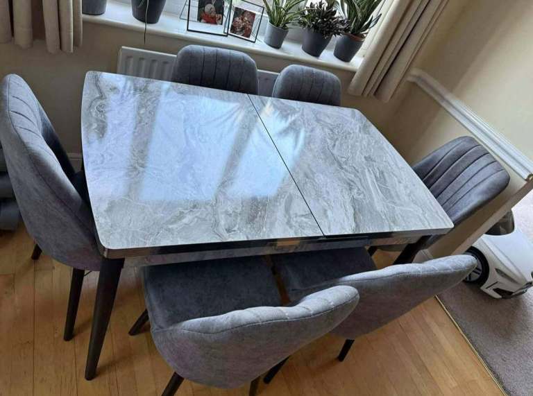 Brand New Luxury Grey Marble Dining Table Set with Six Velvet Chairs