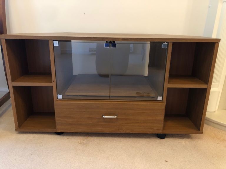 Brown Wood TV Stand with Glass Doors and Storage Drawer