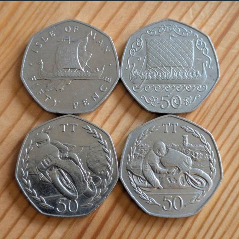 4x Isle if Man 50p VIKING SHIP and TT Fifty Pence coins - AA, AC Mintmarks