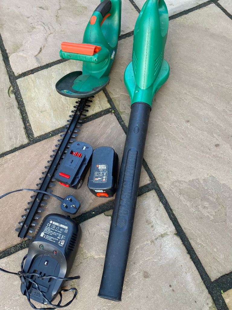 CORDLESS BLACK & DECKER LEAF BLOWER AND HEDGE TRIMMER (batteries & charger)