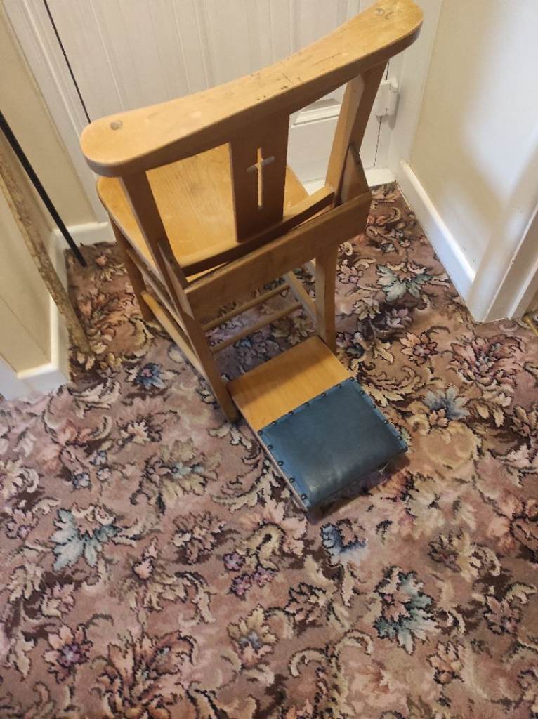 Two antique solid wood church chairs 