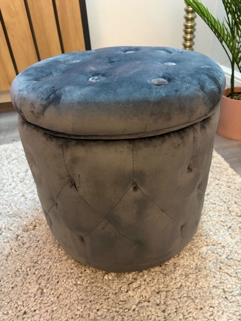 Grey Velvet Round footstool Storage stool VGC