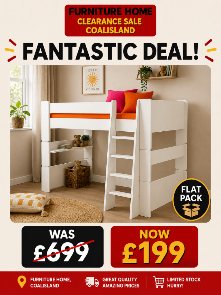 White Wooden High Sleeper Bed with Shelves – New, Flat Pack