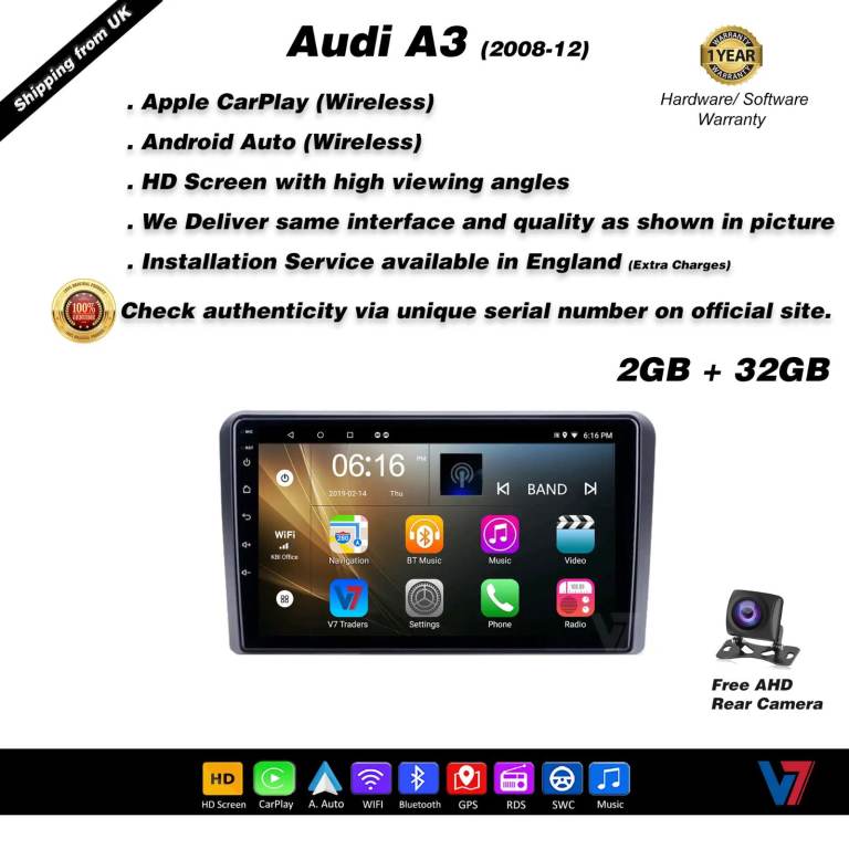 Audi A3 2008-2012 CARPLAY Android Auto HD Screen Head Unit GPS Stereo LCD Panel V7