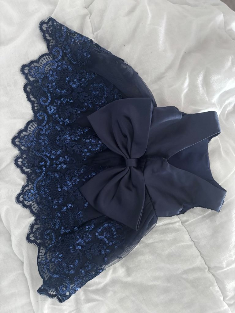 Navy Blue Baby Girl Party Dress – Lace & Bow Detail