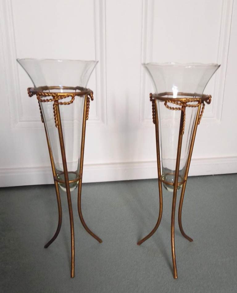 Pair of Tall Glass Vases with Gold Metal Stands