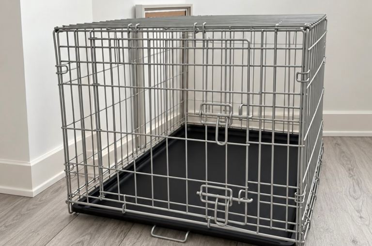 Grey small dog crate