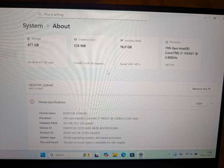 Slim Dell XPS 13" Ultrabook Laptop, i7 (11th gen), 16gb RAM, 500gb SSD
