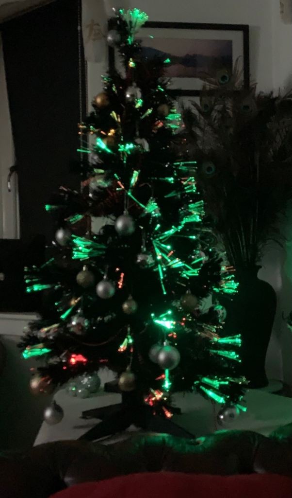 4Ft Black Fibre Optic Christmas Tree with Silver/Black Baubles