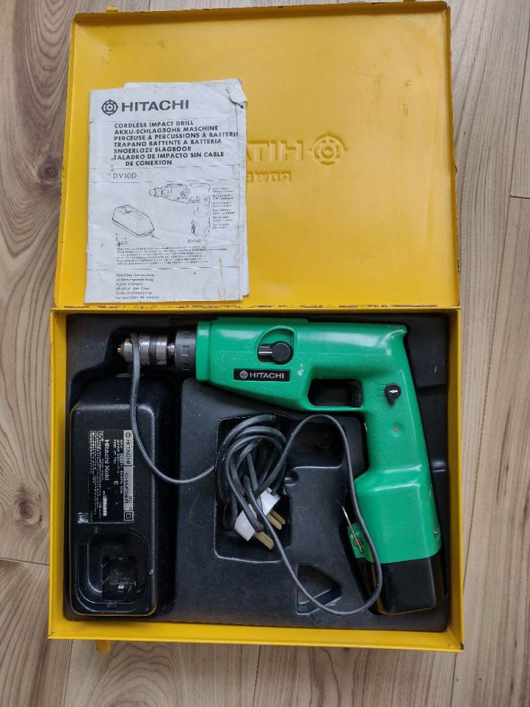 Vintage Hitachi DV 10D Green Cordless Drill in yellow metal storage case, Ex BT, YES STILL AVAILABLE