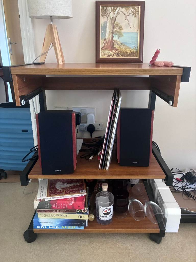 Walnut & Black Industrial Trolley / Media Unit — Oxford — £55