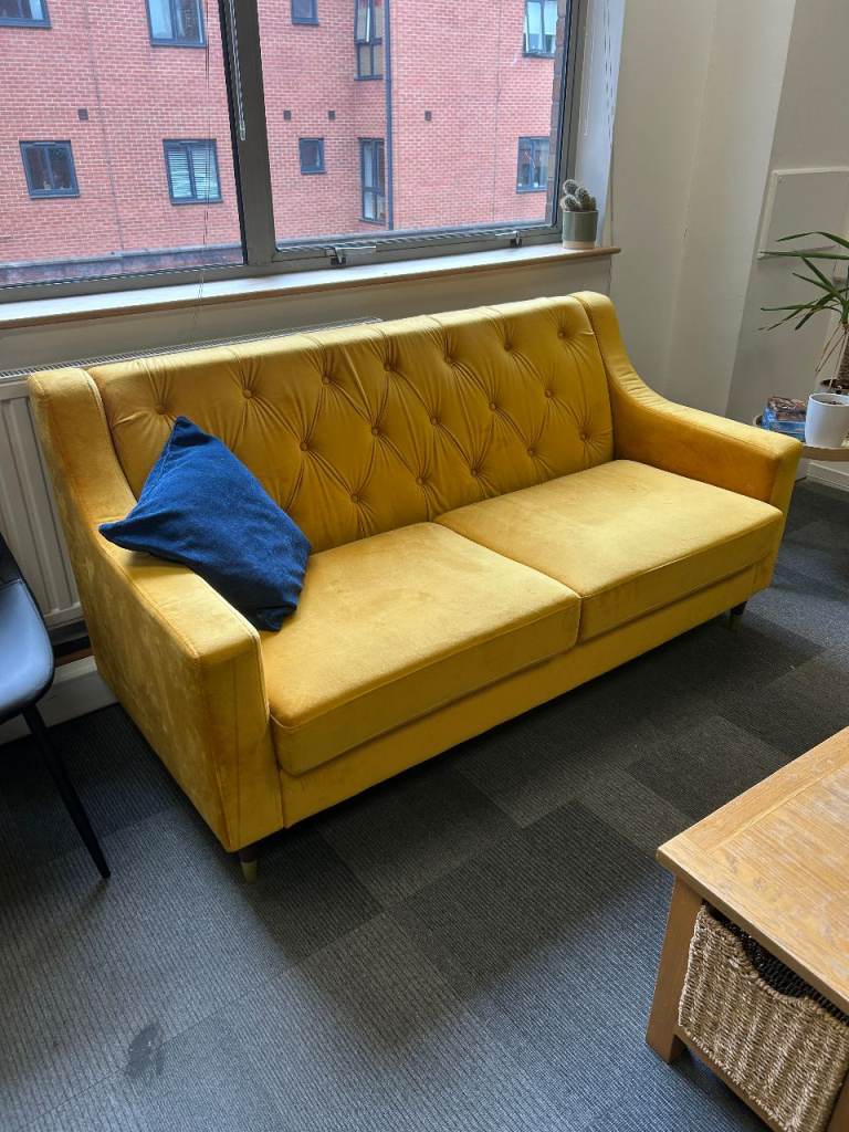 2 Seater Sofa in Mustard Yellow Velvet with Buttoned Back